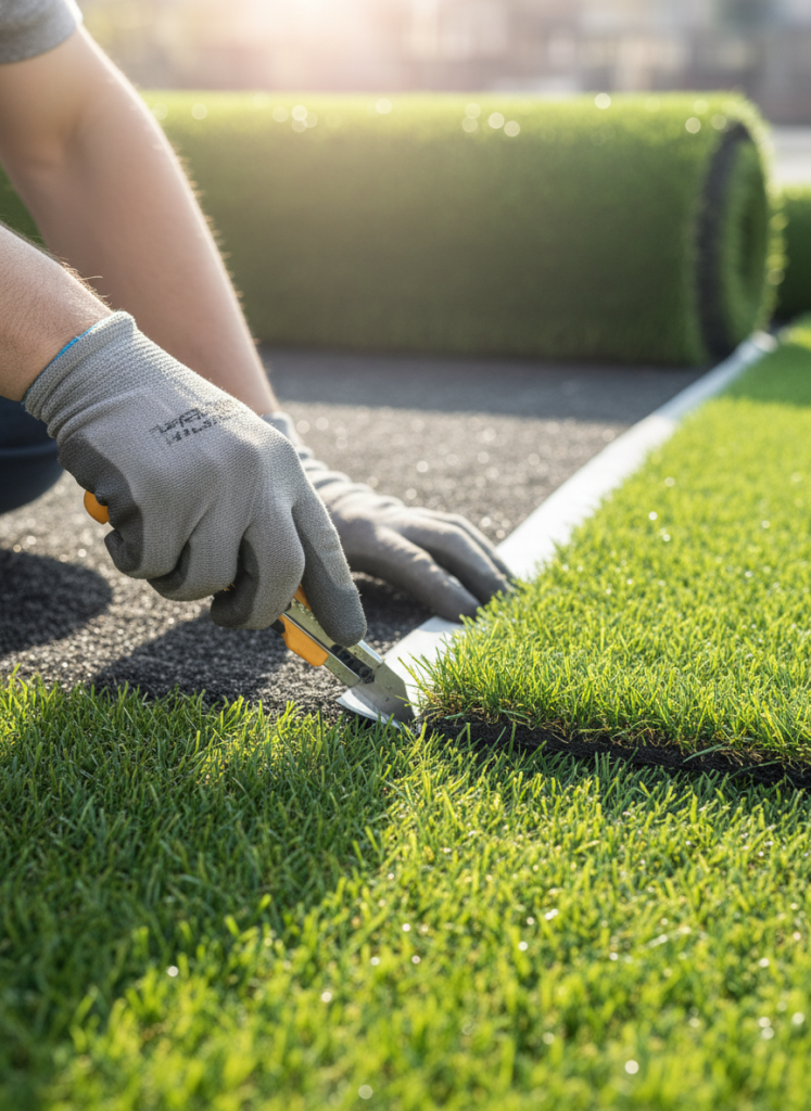 rofessional trimming and cutting of synthetic grass with a utility knife.