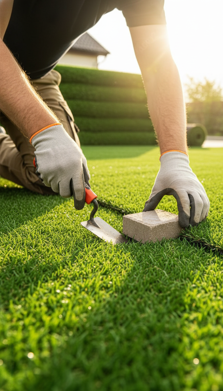 Close-up of artificial lawn edging and trimming